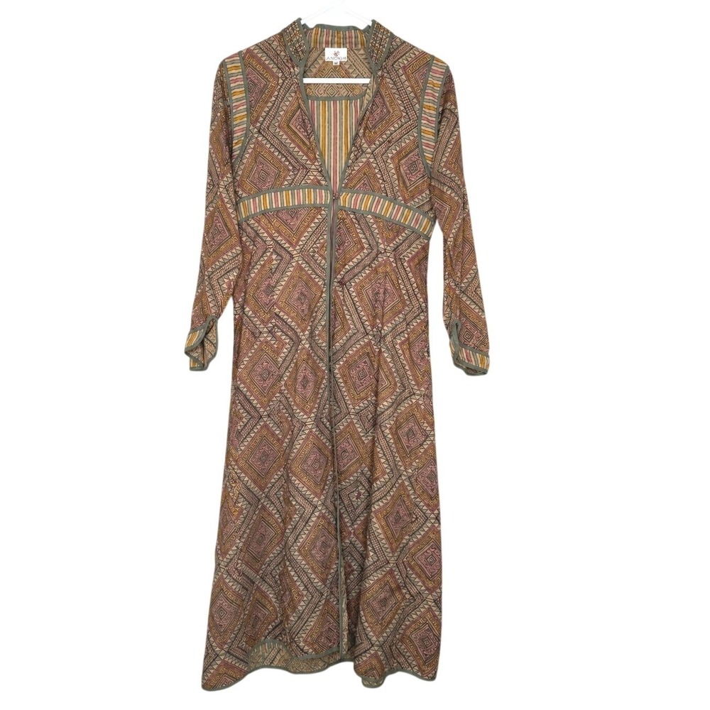 Anokhi Maxi Dress Medium Geometric Print Sequin Collar Boho Long Sleeve Pink Tan